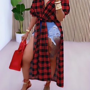 Plaid Print High Slit Tied Detail Longline Top, Blouses & Shirts, ChicMe catalog