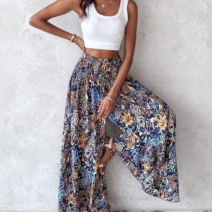 Boho Floral Print Shirred High Waist Wide Leg Pants, Pants, ChicMe catalog