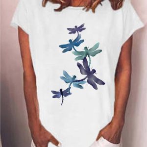 Women Dragonfly Printing Casual Cotton-Blend T-Shirt, T-shirts, Lilicloth.com