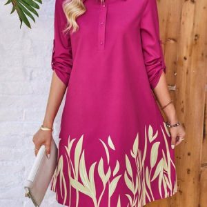 Women's Long Sleeve Spring/Fall Leaf Buckle Dress Shirt Collar Daily Going Out Casual Midi H-Line Shirt Dress, JustFashionNow Dresses, color:Deep Pink|size:XL,