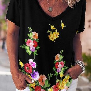 V Neck Casual Floral Short Sleeve T-Shirt, T-shirts, Lilicloth.com