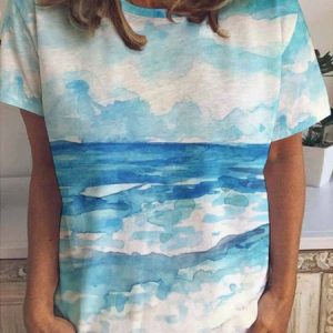 Beach Watercolor Seascape Ocean Coast Neutral Art Print Casual Short Sleeve T-Shirt, T-shirts, Lilicloth.com