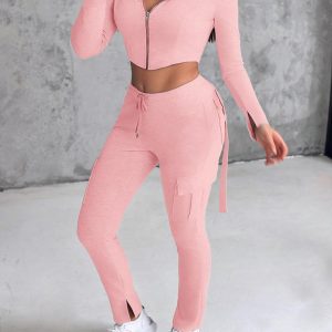 Zipper Design Crop Hoodie & Drawstring V-cut Waistline Cargo Joggers Sweatpants Set, women Two-piece Sets, ChicMe catalog