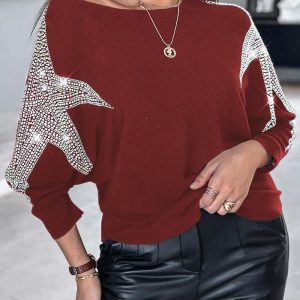 Pullover Knit Sweaters Crewneck Batwing Sleeve Rhinestone Star Pattern Top, women Sweaters & Cardigans, ChicMe catalog