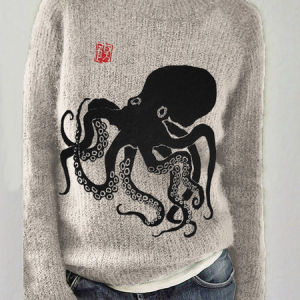 Octopus Japanese Lino Art Cozy Sweater, Sweaters, Lilicloth.com