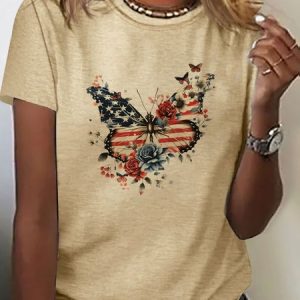 America Flag Casual Crew Neck T-Shirt, T-shirts, Lilicloth.com