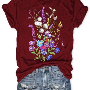 Womens Flower Print Casual Short Sleeve T-Shirt, T-shirts, Lilicloth.com