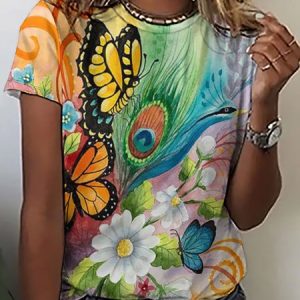 Women Peacock Butterfly Floral Print Simple Crew Neck Animal T-Shirt, T-shirts, Lilicloth.com