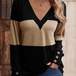 V Neck Long Sleeve Color Block Regular Micro-Elasticity Loose Blouse For Women, T-shirts, color:Camel|size:XXL, catalog Noracora shop