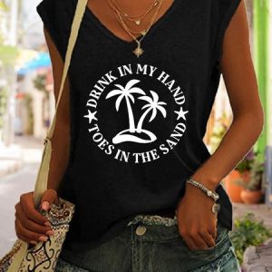 Drink In My Hand Toes In The Sand Basics Letter Regular Fit Knit Tank, Tank Tops, Lilicloth.com