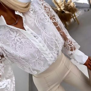 Pearls Decor Buttoned Lace Top, Blouses & Shirts, ChicMe catalog