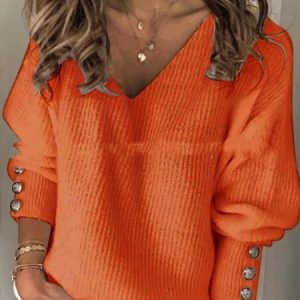 Women's Long Sleeve Blouse Spring/Fall Plain Buckle Knitted V Neck Daily Going Out Casual Top, JustFashionNow Blouses, color:Orange|size:4XL,