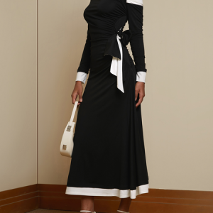 Women's Long Sleeve Spring/Fall Color Block Bow Dress One Shoulder Commuting Going Out Urban Maxi A-Line, JustFashionNow Dresses, color:Black|size:XXL,