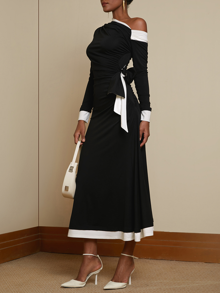 Women's Long Sleeve Spring/Fall Color Block Bow Dress One Shoulder Commuting Going Out Urban Maxi A-Line, JustFashionNow Dresses, color:Black|size:XXL,
