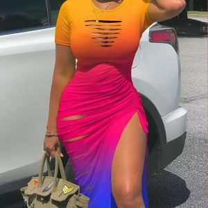 Ombre Ladder Cutout Drawstring Ruched Slit Dress, Midi Dresses, ChicMe catalog