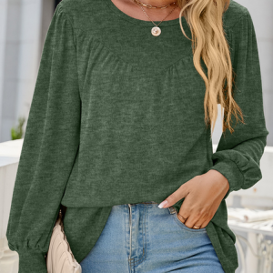 Women's Long Sleeve Blouse Spring/Fall Plain Crew Neck Daily Going Out Casual Top, JustFashionNow Shirts & Blouses, color:Green|size:XXL,