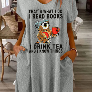 Women Owl That’s What I Do I Read Books I Drink Tea And I Know Things V Neck Casual Loose Dress, Dresses, Lilicloth.com