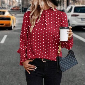 Women's Long Sleeve Blouse Spring/Fall Polka Dots Lotus Leaf Collar Daily Going Out Casual Top, JustFashionNow Shirts & Blouses, color:Red|size:XL,