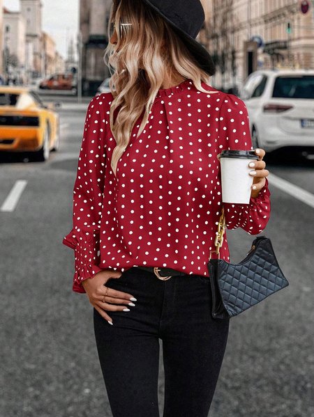 Women's Long Sleeve Blouse Spring/Fall Polka Dots Lotus Leaf Collar Daily Going Out Casual Top, JustFashionNow Shirts & Blouses, color:Red|size:XL,