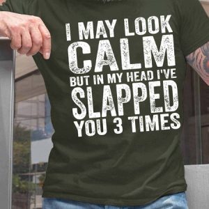 Men’s I May Look Calm But In My Head I’ve Slapped You 3 Times Casual Fit Text Letters Cotton T-Shirt, T-shirts, Lilicloth.com