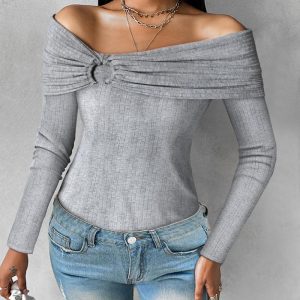 Ruched O-ring Long Sleeve Off Shoulder Ribbed Top, Blouses & Shirts, ChicMe catalog