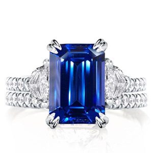 Bridal sets rings - Double Prong Created Sapphire Three Stone Emerald Cut Bridal Set, Italo jewelry - Online Catalog