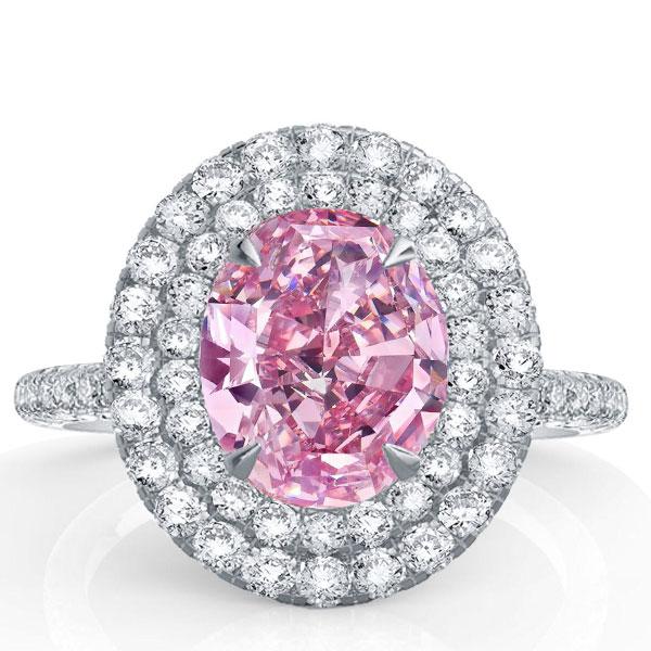 Unique rings - Italo Double Halo oval Created Pink Sapphire Engagement Ring, Italo jewelry - Online Catalog