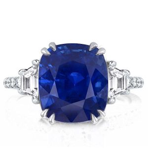 three stone engagement rings - Three Stone Cushion Cut Blue Sapphire Engagement Ring, Italo jewelry - Online Catalog