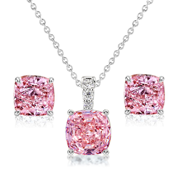 jewelry sets - Italo Pink Sapphire Cushion Cut Necklace & Stud Earrings Set, Italo jewelry - Online Catalog