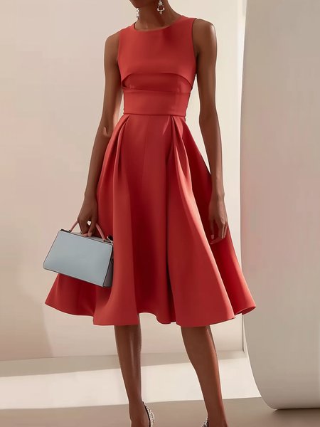Women's Sleeveless Summer Plain Ruched Dress Crew Neck Date Going Out Urban Midi X-Line, JustFashionNow Dresses, color:Red|size:3XL,