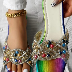 Rainbow Stripe Print Criss Cross Beaded Sequin Slippers, Slippers, ChicMe catalog