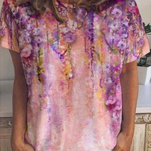 Floral Gradient Print Crew Neck Short Sleeve T-Shirt, T-shirts, Lilicloth.com