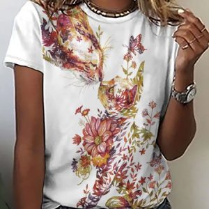 Women Floral Cat Printing Casual Floral T-Shirt, T-shirts, Lilicloth.com