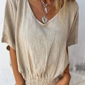 Women's Short Sleeve Blouse Summer Plain Cotton And Linen V Neck Daily Going Out Casual Top Black, JustFashionNow Shirts & Blouses, color:Apricot|size:3XL,