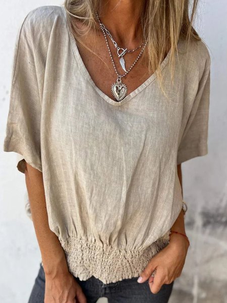 Women's Short Sleeve Blouse Summer Plain Cotton And Linen V Neck Daily Going Out Casual Top Black, JustFashionNow Shirts & Blouses, color:Apricot|size:3XL,