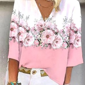 Women's Three Quarter Sleeve Tee T-shirt Spring/Fall Floral Printing V Neck Daily Going Out Vintage Top, JustFashionNow Tops, color:Pink|size:XXL,
