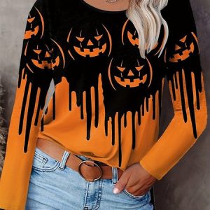 Women's Long Sleeve Tee T-shirt Spring/Fall Halloween Printing Jersey Crew Neck Daily Going Out Casual Top, JustFashionNow T-Shirts, color:Orange|size:XXL,