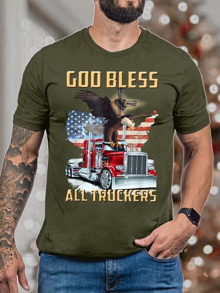 Men God Bless All Truckers American Flag Eagles Casual T-Shirt, T-shirts, Lilicloth.com