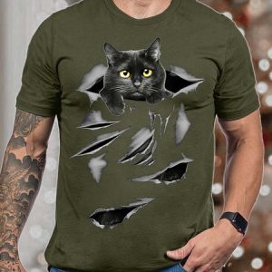 Men’s Black Cat Pattern Fit Casual Animal T-Shirt, T-shirts, Lilicloth.com