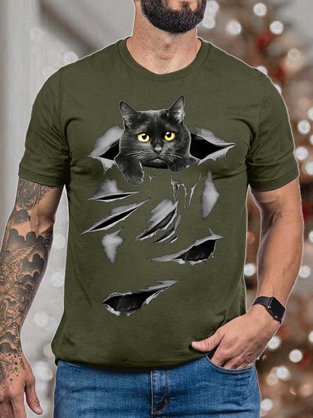 Men’s Black Cat Pattern Fit Casual Animal T-Shirt, T-shirts, Lilicloth.com