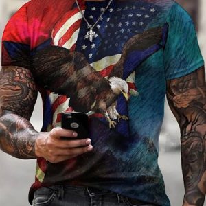 Men Eagle American Flag Gradient Color Letter Outdoor Short Sleeve T-Shirt, T-shirts, Lilicloth.com