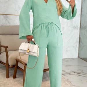 2PCS Notch Neck Asymmetrical Hem Top & Drawstring Straight Leg Pants Set, Two-piece Sets, ChicMe catalog