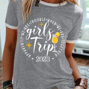 Women’s Girls Trip Apparently We Are Trouble When We Are Together Casual Crew Neck T-Shirt, T-shirts, Lilicloth.com