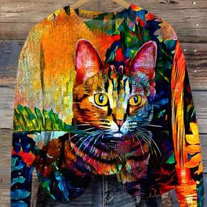 Cat Loose Crew Neck Knitted Casual Sweater, Sweaters, Lilicloth.com