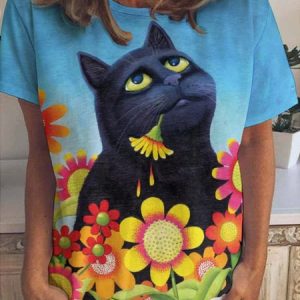 Womens Cute Black Print Short Sleeve T-Shirt, T-shirts, Lilicloth.com