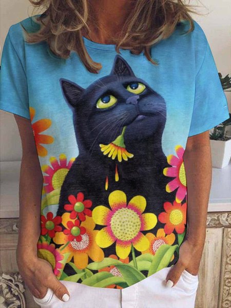 Womens Cute Black Print Short Sleeve T-Shirt, T-shirts, Lilicloth.com