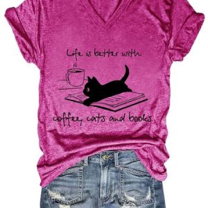 Life Is Better With Coffee, Cats and Books Shirts&Tops, T-shirts, Lilicloth.com