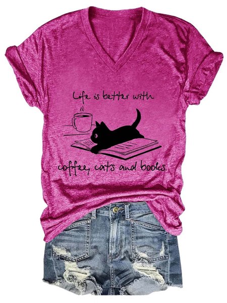 Life Is Better With Coffee, Cats and Books Shirts&Tops, T-shirts, Lilicloth.com