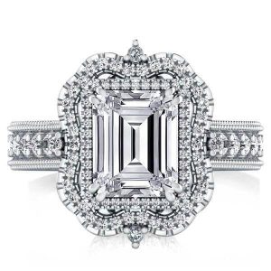 unique engagement rings - Vintage Milgrain Halo Emerald Engagement Ring(4.15 CT. TW.), Italo jewelry - Online Catalog