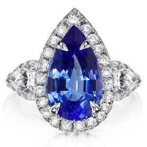 unique engagement rings - Italo Pear Halo Three Stone Created Sapphire Engagement Ring, Italo jewelry - Online Catalog